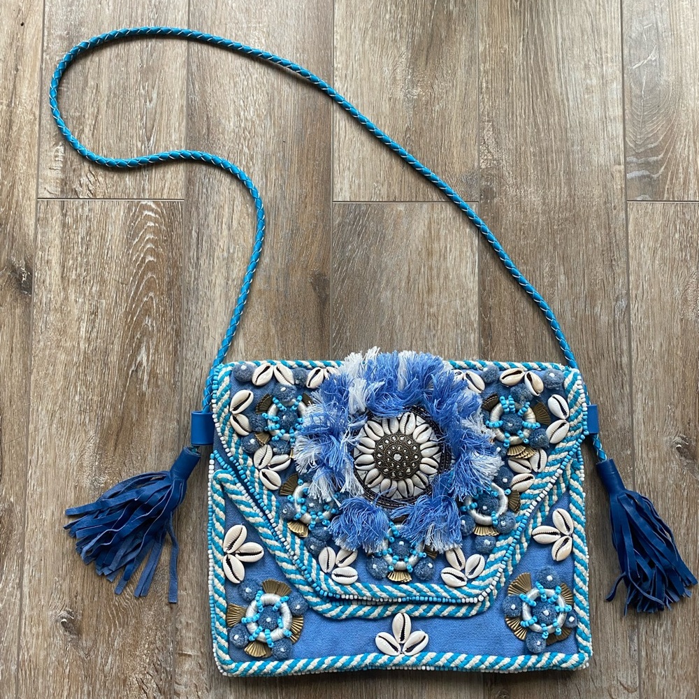 Shell embellished Fringe Blue Bag/Purse | Made in India